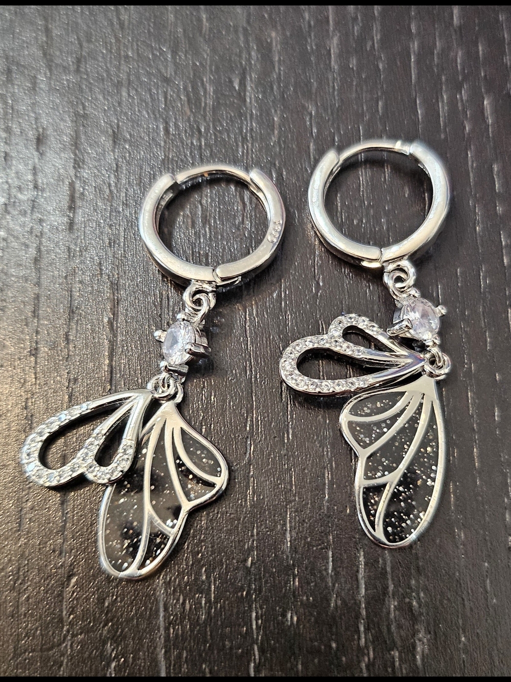 Silver Butterfly Wing Drop Earrings - Sparkling Black Inlay